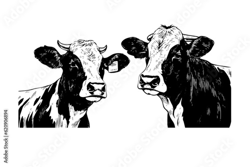 Two alpine cow vector hand drawn engraving style illustration