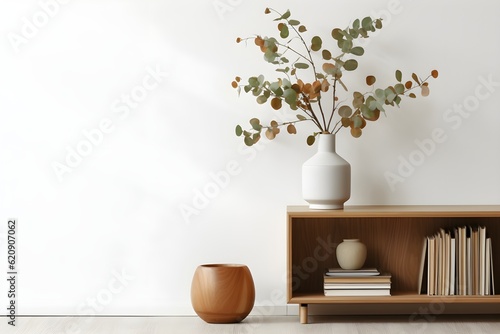 interior design, living room interior with design wooden bookcase, eucalyptus leaf in vase
