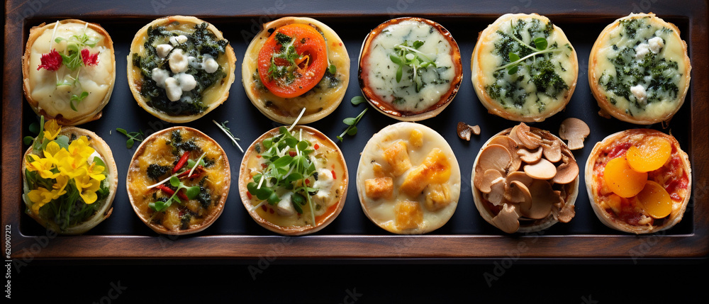 A tray of bite-sized quiches with various fillings, such as spinach and feta, mushroom, and ham and cheese A tray of bite-sized quiches with various fillings, such as spinach and feta, mushroom, and ham and cheese
