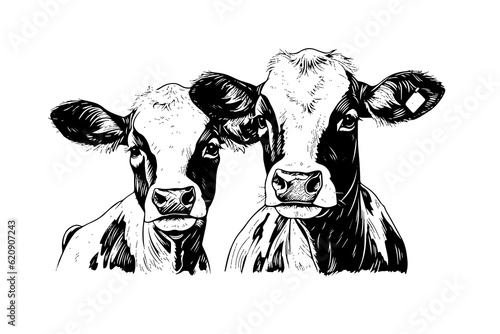 Fototapet Two alpine cow vector hand drawn engraving style illustration
