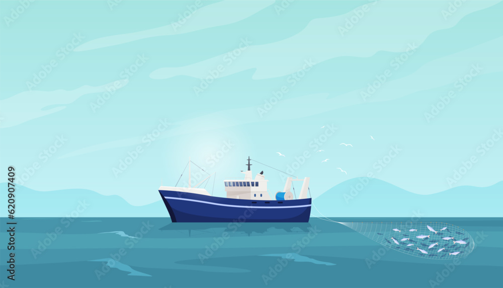 Fishing sea boats. Commercial fishing in large quantities. Sea background with fishing ship. Vector illustration