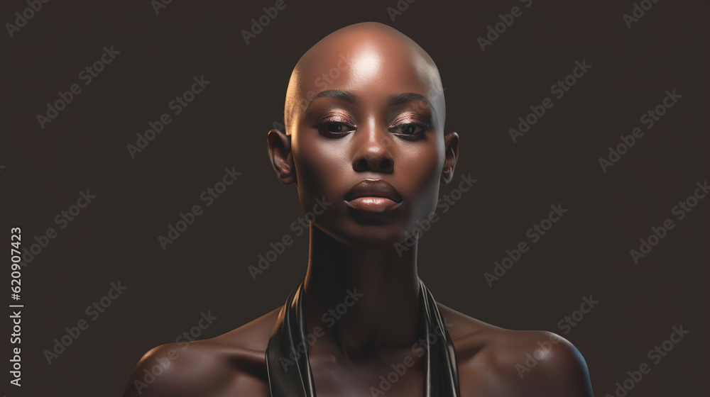 Bald beutiful dark-skinned girl on a dark background. AI generation