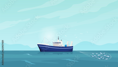 Fishing sea boats. Commercial fishing in large quantities. Sea background with fishing ship. Vector illustration © Igor