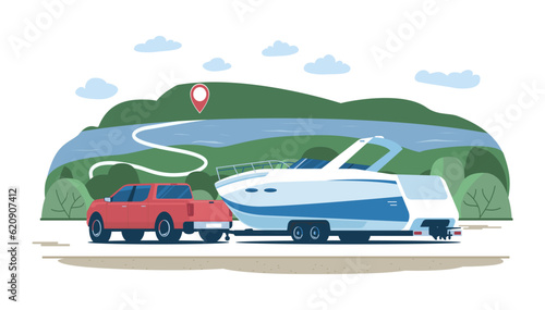 Pickup truck transports a powerboat on a trailer along the route against the backdrop of a rural landscape. Vector illustration.