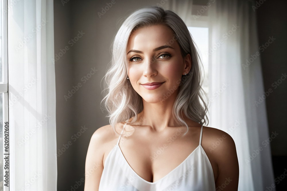 Portrait of a beautiful woman near window in a bedroom. Generative AI. Portrait of a beautiful woman near window in a bedroom. Generative AI.