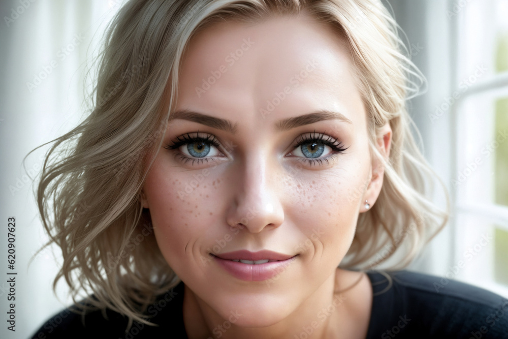 Portrait of a beautiful woman near window in a bedroom. Generative AI. Portrait of a beautiful woman near window in a bedroom. Generative AI.