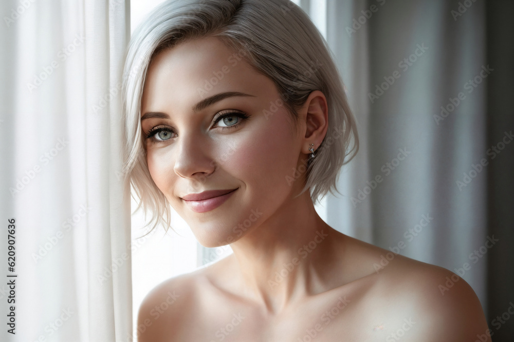 Portrait of a beautiful woman near window in a bedroom. Generative AI. Portrait of a beautiful woman near window in a bedroom. Generative AI.