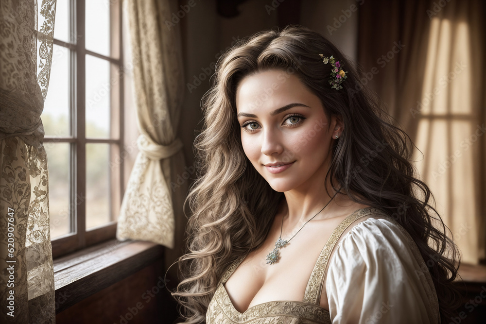 Fototapeta premium Portrait of a beautiful woman at the window in the room of a village house. Generative AI.