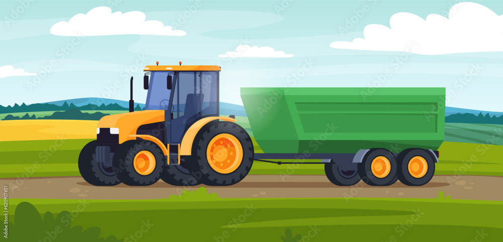 Obraz premium Tractor on the background of nature in a farm field. A heavy machine for working in the field, growing and collecting ecological farm products. Vector illustration