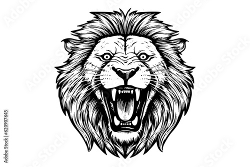 Lion growl head portrait sketch hand drawn engraving style vector illustration