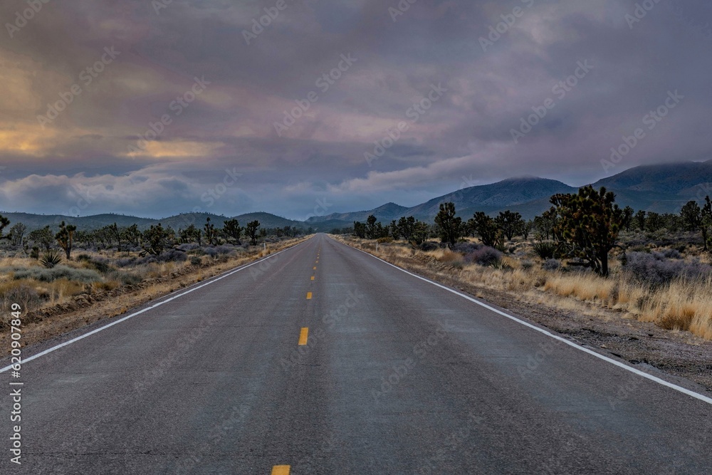 Naklejka premium Desert Serenity: Panoramic View of an Empty Road Surrounded by Red Rock Canyon After a Storm, Presented in Captivating 4K Resolution