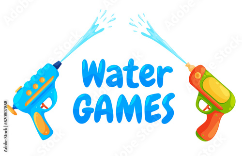 Toy water weapons. Summer games with water spraying in hot weather. Plastic water pistols. Vector illustration