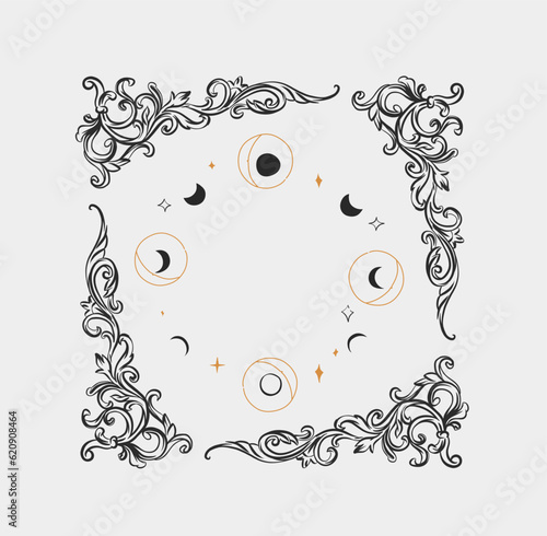 Hand drawn vector abstract outline,graphic,line art magic moon phases and stars in minimalistic modern line art style.Moon and star sign graphic design concept. Moon phases vector symbol design.
