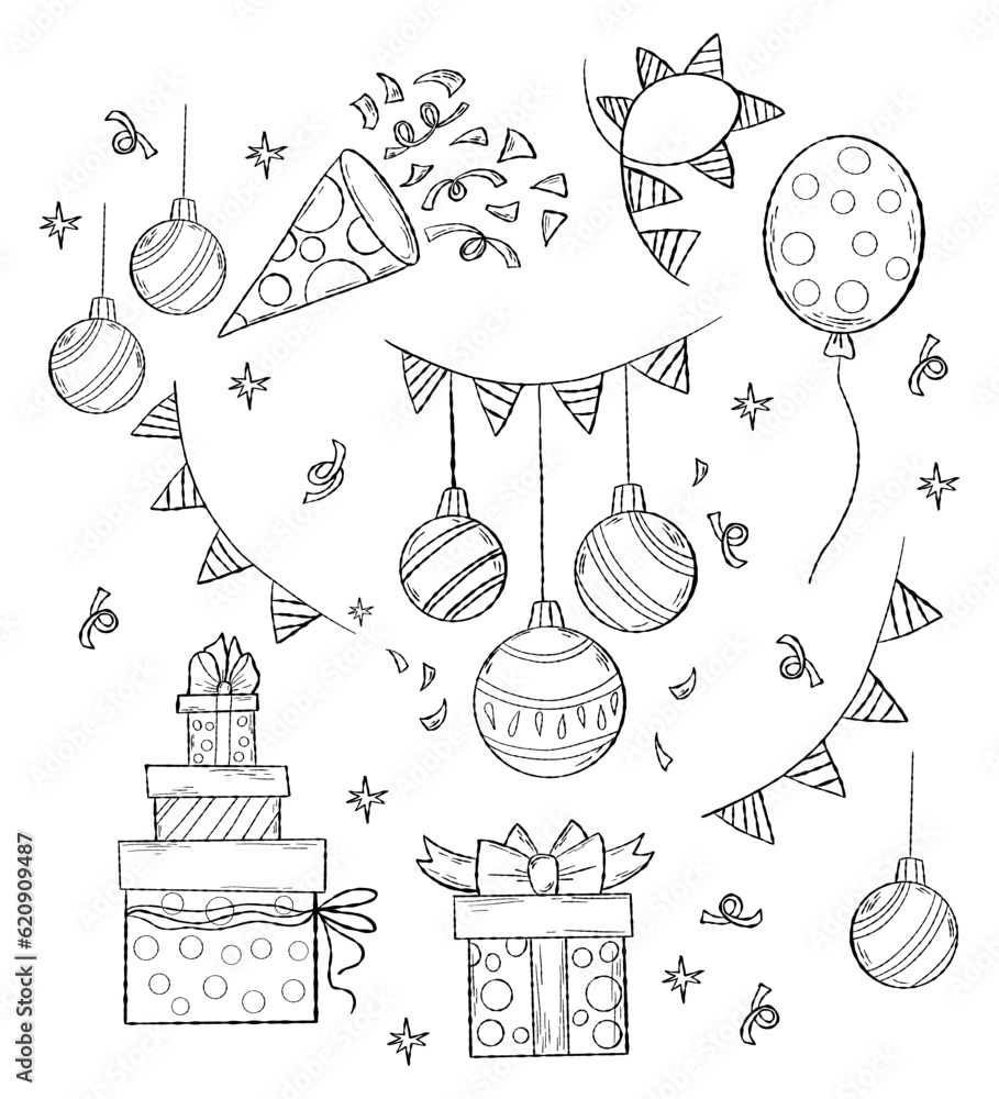 Naklejka premium Christmas and holiday birthday. Festive collection doodles. Christmas balls, decor, balloons, gifts and garlands. Isolated vector linear hand drawings for design and decoration of holiday themes.
