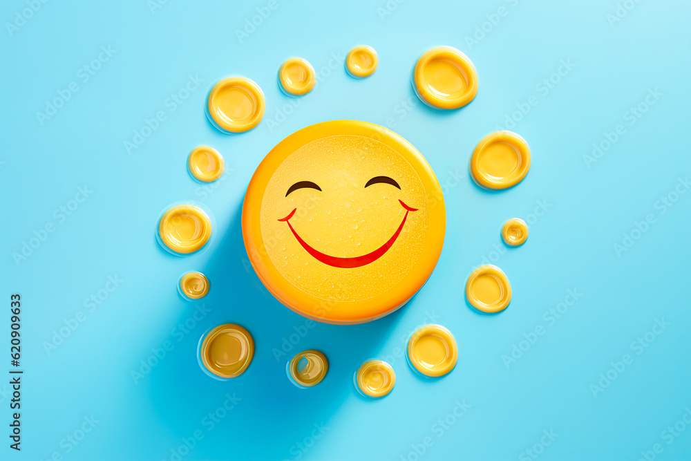Suncream protective cream on blue background. Flat lay, top view. On blue background. Generative Ai illustration Suncream protective cream on blue background. Flat lay, top view. On blue background. Generative Ai illustration