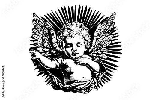 Wallpaper Mural Little angel in frame vector retro style engraving black and white illustration
