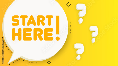 Start here banner. Speech bubble with Start here text. Business concept. 2d illustration. Pop art style. Vector line icon for Business
