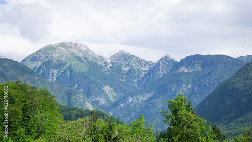 Panorama of the mountains of Slovenia on a cloudy day