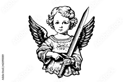 Little angel with sword vector retro style engraving black and white illustration. Cute baby with wings.