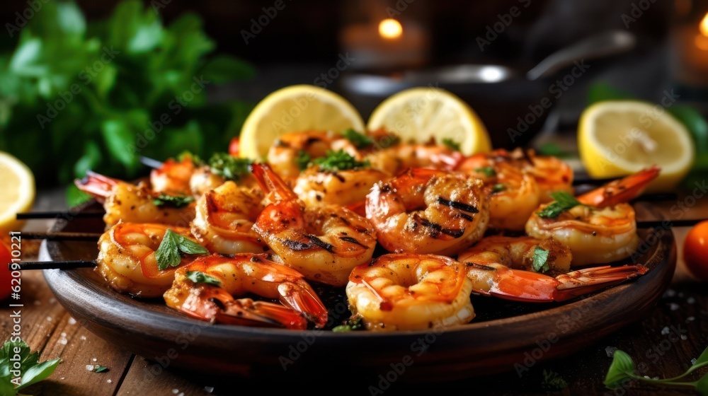 grilled shrimps with lemon and parsley. generative AI grilled shrimps with lemon and parsley. generative AI