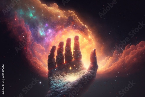 Giant hand with a universe overhead, Generative AI