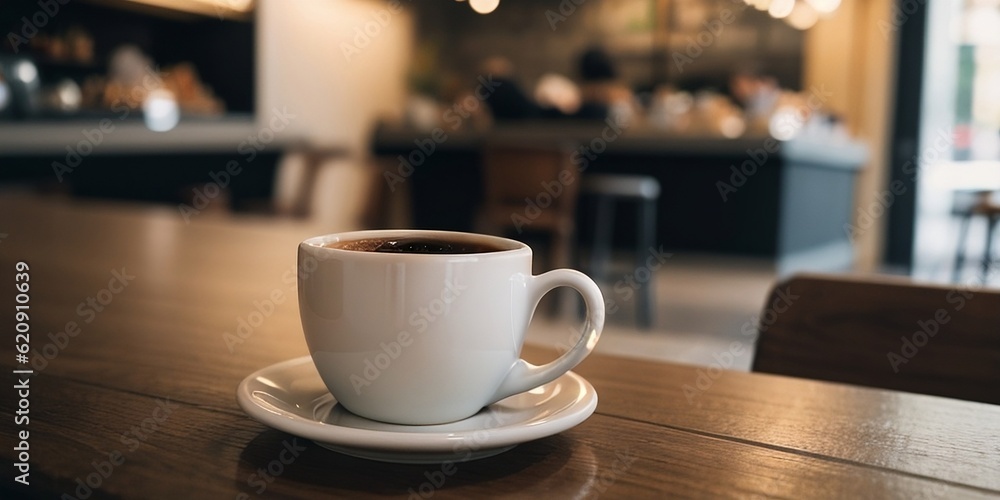 A cup of coffee in a warm and empty cafe, blurry light, warm and happy feeling. 