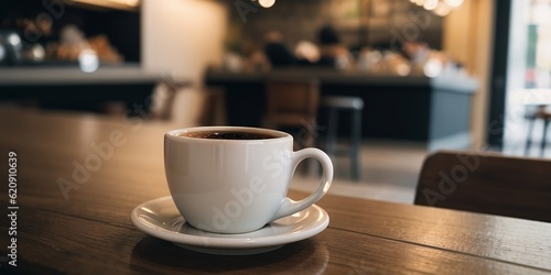 A cup of coffee in a warm and empty cafe, blurry light, warm and happy feeling. 