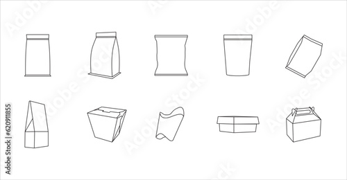 Simple set of packaging food icon vector, snack icon illustration, paper bag, box of food, Food packaging symbols, line art icon set. Containers, packaging materials for processed and raw foods, 