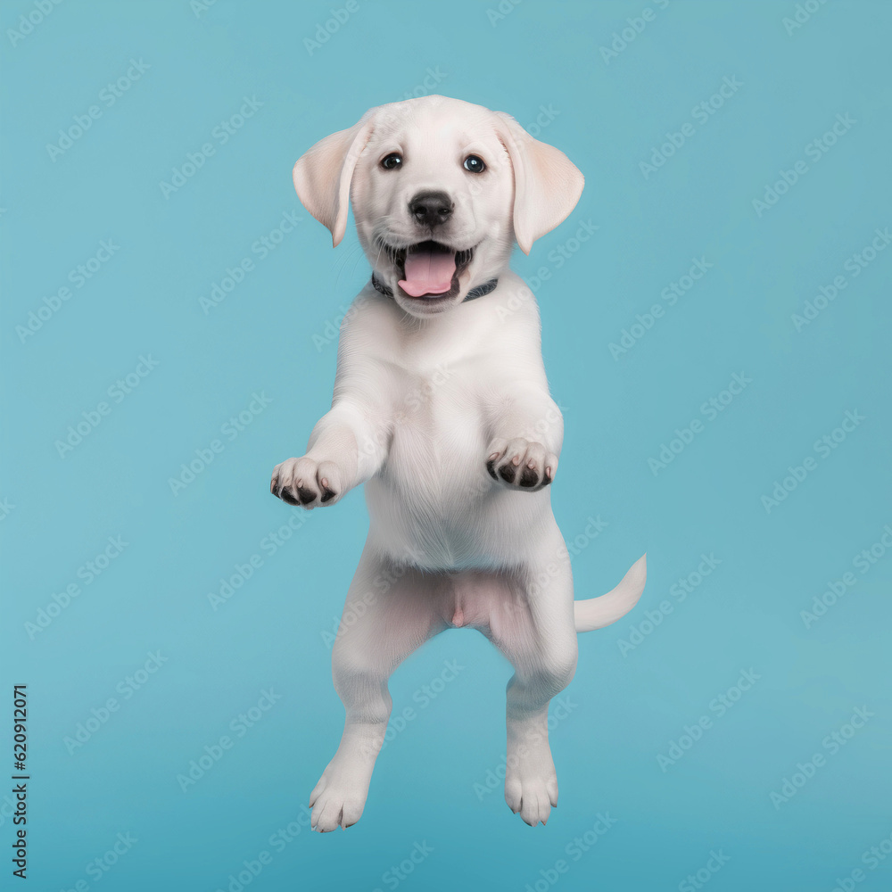 Labrador Pup Jumping on a clean aqua green background Labrador Pup Jumping on a clean aqua green background