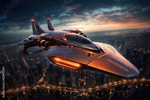 Futuristic spaceship flying over the city. 3D rendering. Generative Ai 
