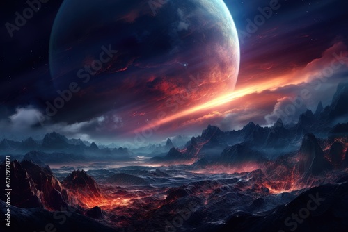 Fantasy alien planet. Mountain and sky. 3D illustration. Generative Ai