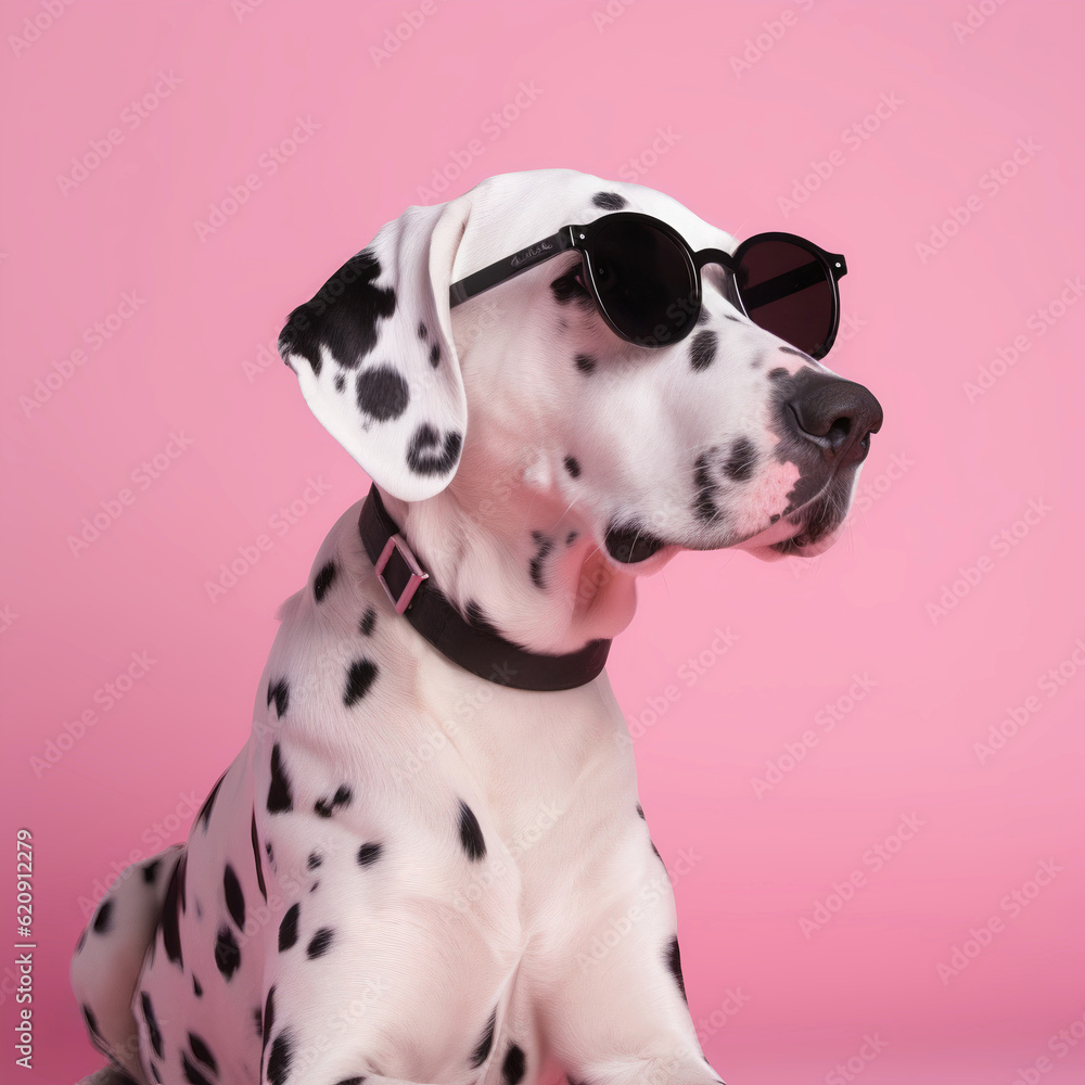 Dalmatians dog with black glasses sitting on a clean pink background