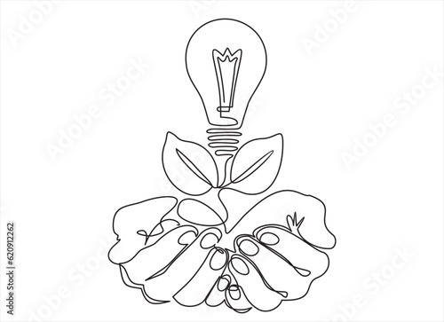 continuous line drawing of human hands holding light bulb, One line art concept of smart idea innovation. Vector illustration
