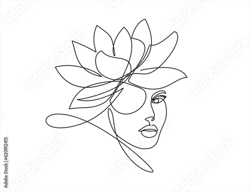 Woman face continuous one line vector drawing. Style templates with abstract female face and lotus. Modern minimalist simple linear style. Beauty fashion design