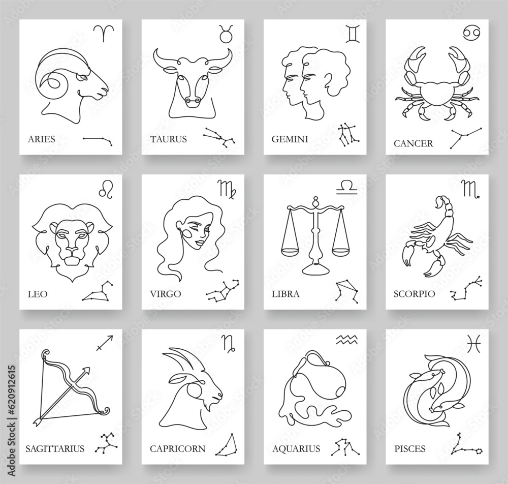 Continuous one line zodiac signs. Minimalistic horoscope cards with zodiac symbol, illustration, and constellations vector outline art set
