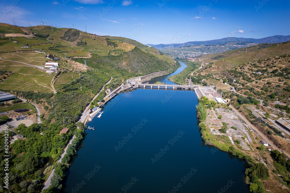 Aerial view of Vineyards on the banks of the Douro river in Portugal near the village of Pinhão - Porto wine Production