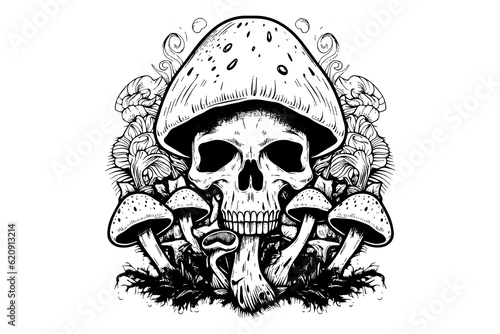 Human skull with mushrooms in woodcut style. Vector engraving sketch illustration for tattoo and print design.