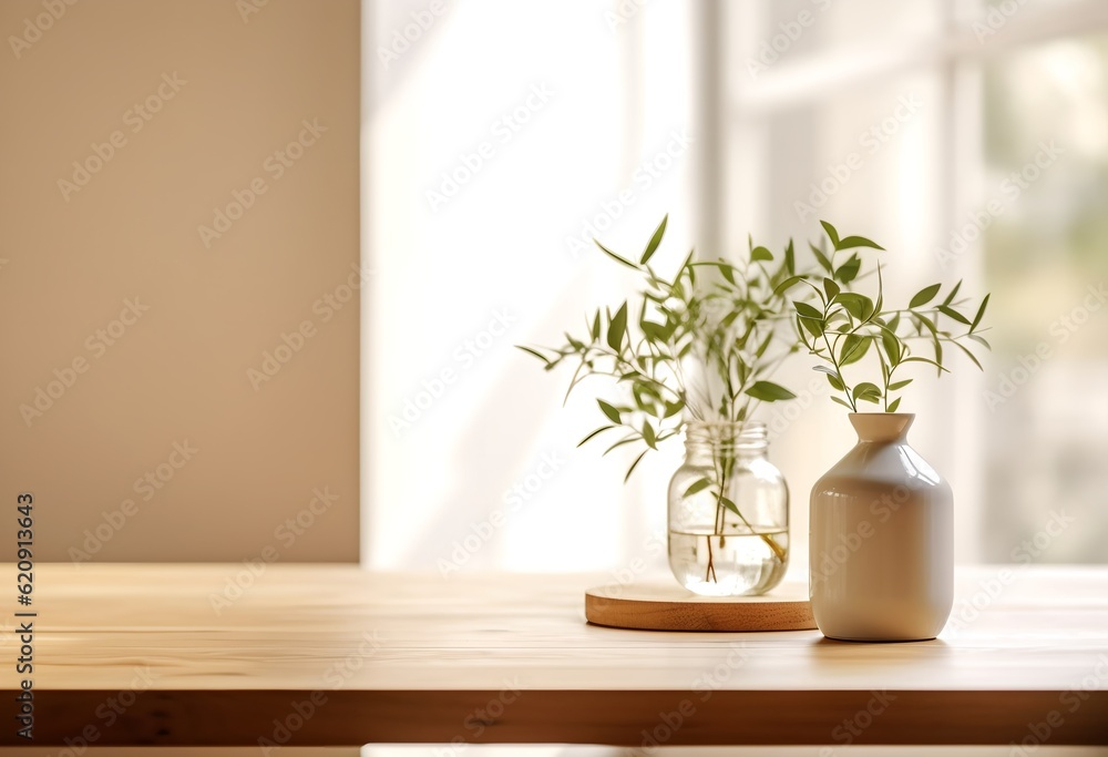 Wooden tabletop, blank wall copy space, generative ai Wooden tabletop, blank wall copy space, generative ai