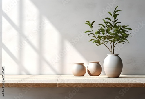 Wooden tabletop, blank wall copy space, generative ai © inspiretta