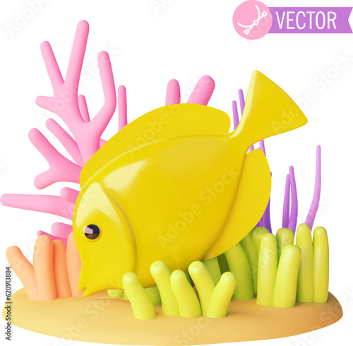 Vector tropical fish and corals. Oceanarium, aquarium or snorkeling icon. Colorful oceanic coral reef on sandy sea or ocean bottom