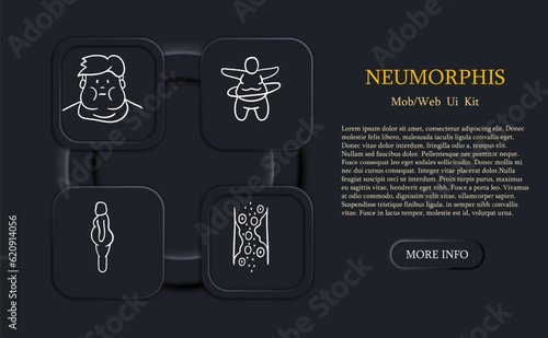 Overweight line icon. Plus size, tendon injury, xxl size, obesity problem, weight, scales. Neomorphism style. Vector line icon