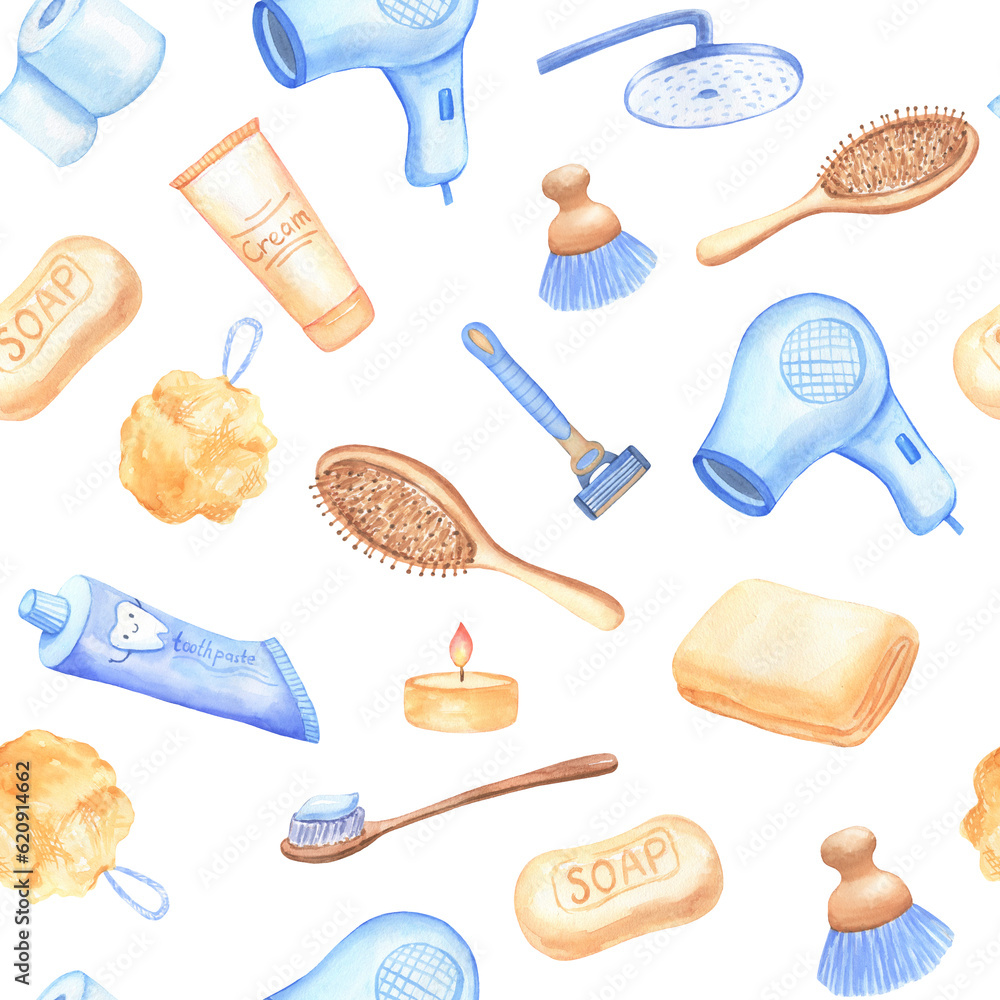 Seamless watercolor pattern with bathroom elements. Skin care product, soap and hair brush. Cosmetic objects on white.