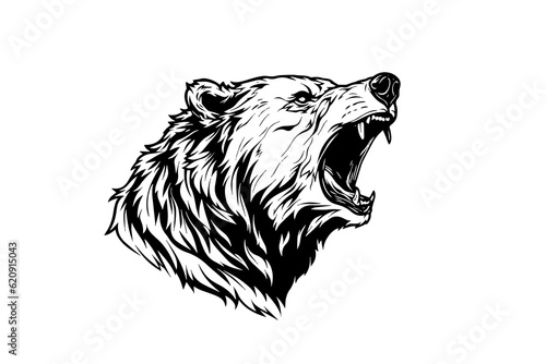 Bear growling head logotype vector engraving style illustration.