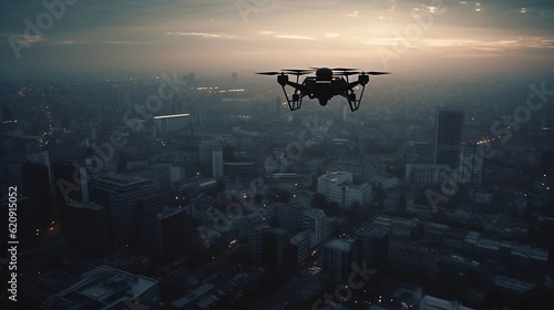 Drone in flight over the city. Generative AI