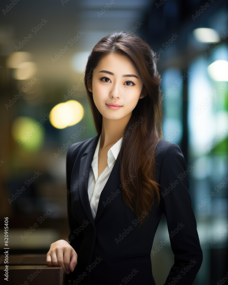 Vertical close up of a Japanese businesswoman with her workspace on the background. Generative AI Vertical close up of a Japanese businesswoman with her workspace on the background. Generative AI