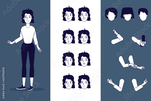 A character to animate your Motion Design. Vector set of a female character with gestures and emotions.