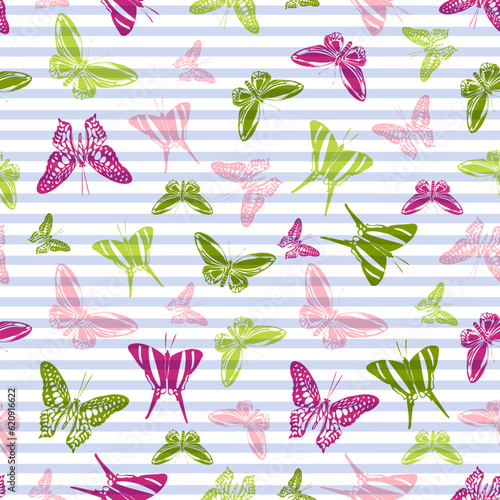 Flying butterfly silhouettes over striped background vector seamless pattern.