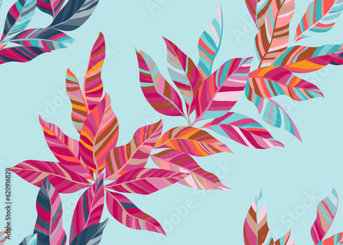 Abstract palm leafage seamless wallpaper vector. Artistic organic spring band...
