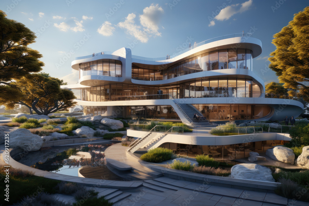Fototapeta premium Modern futuristic luxury house with landscaping. AI generative.