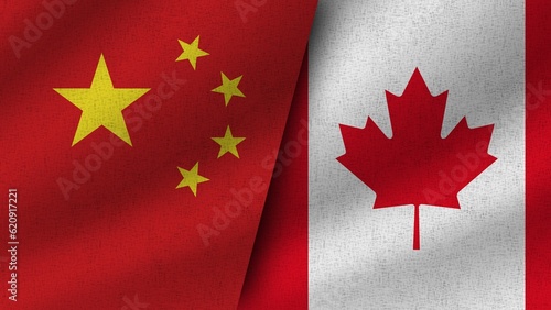 Canada and China Realistic Two Flags Together, 3D Illustration